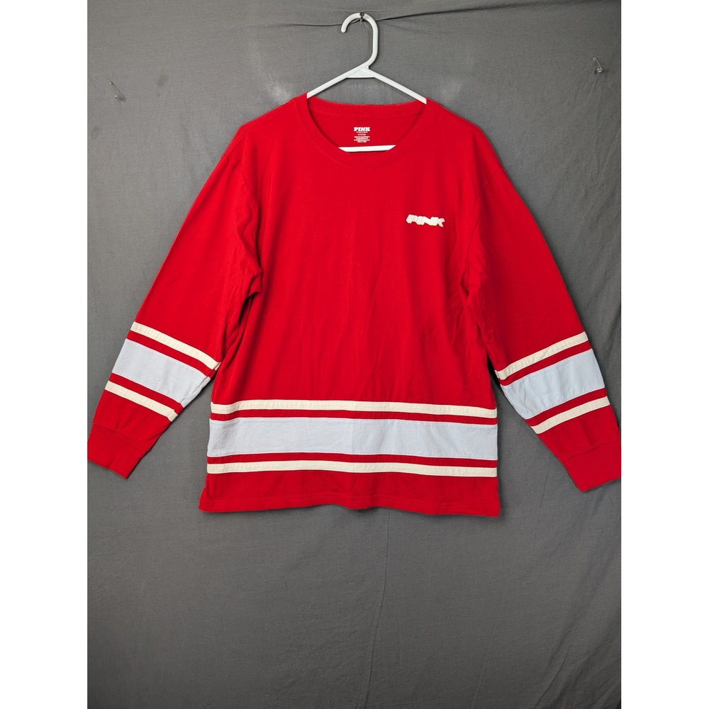 PINK Victoria's Secret Red Long Sleeve Graphic T-Shirt Medium Hockey Style
